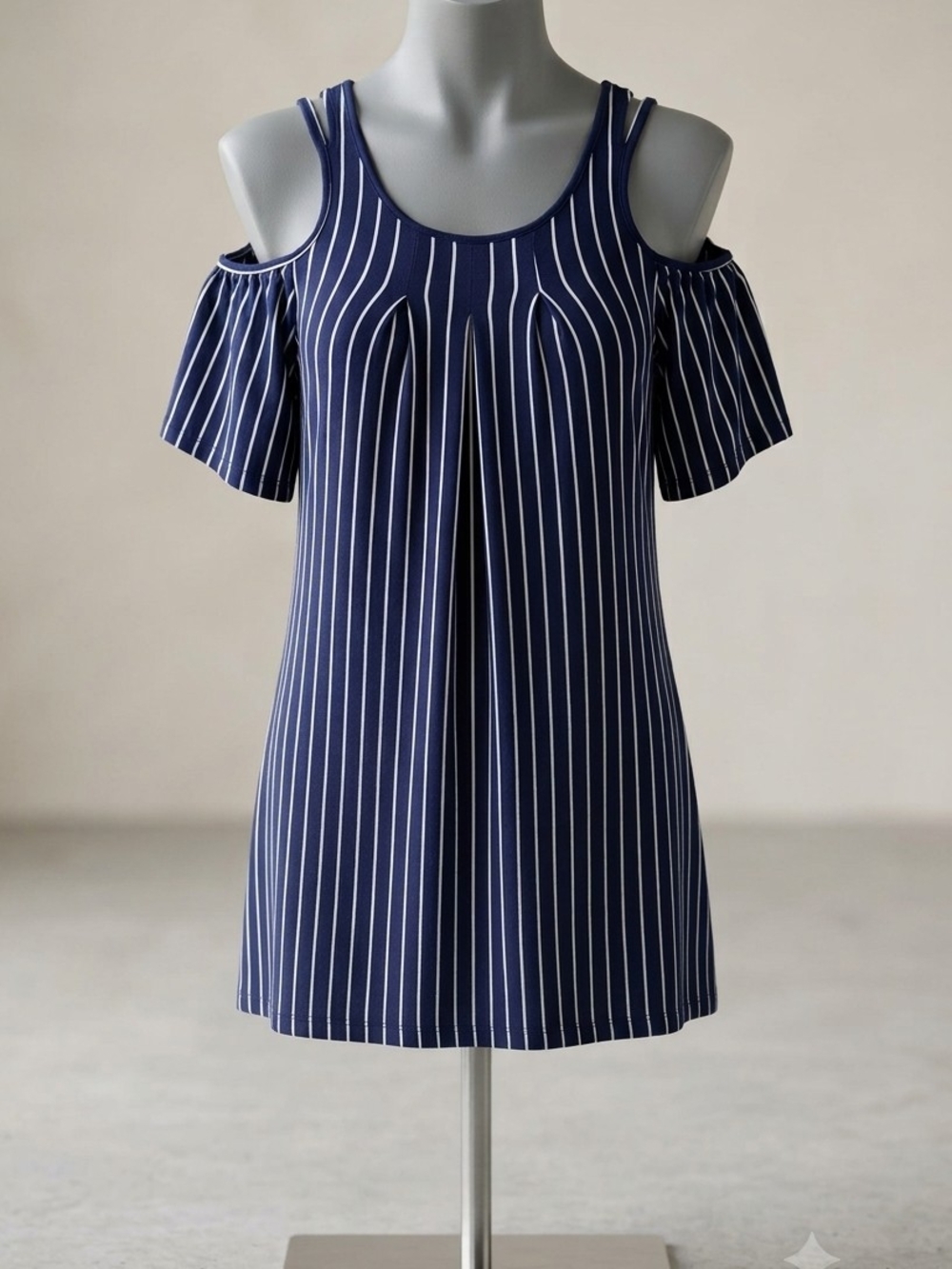 Max Studio Navy Cold-Shoulder Striped Shift Dress